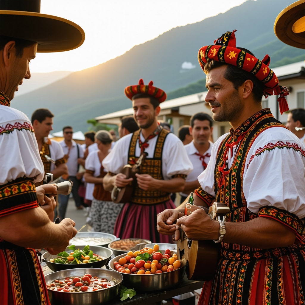 Musicians playing gusle and people enjoying traditional Montenegrin food at a festival in Pljevlja with mountains in the background