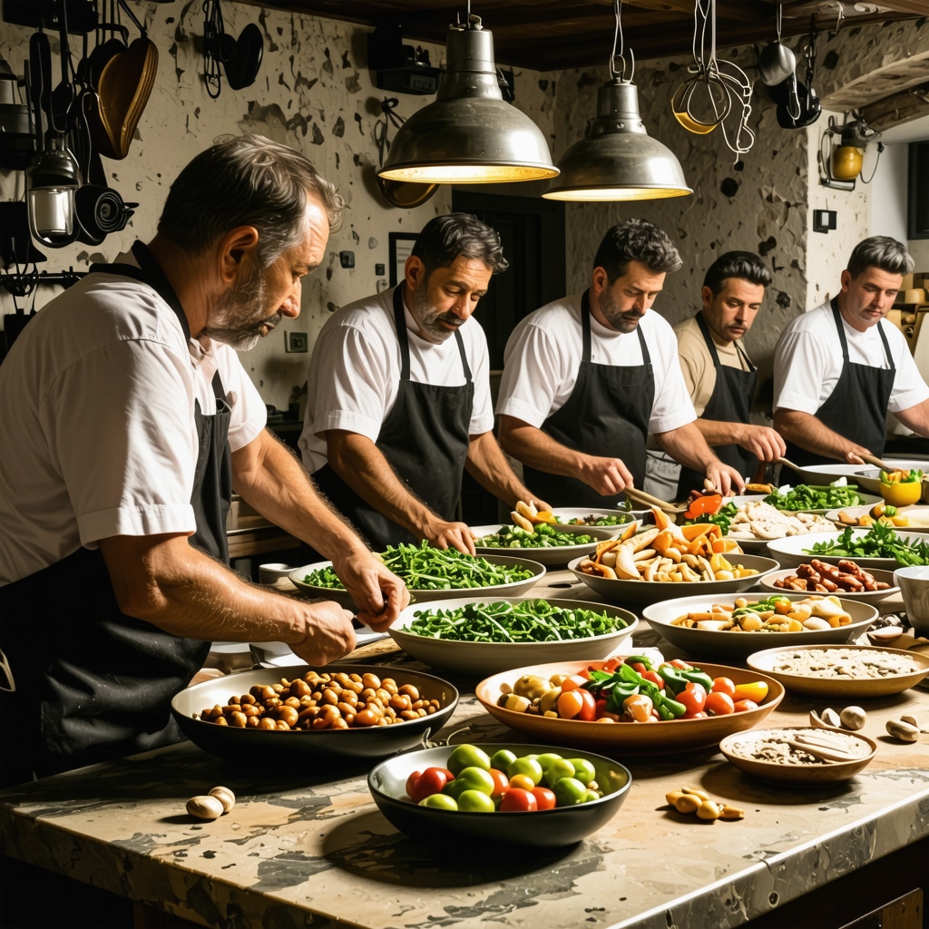 Chefs in a rustic kitchen in Sibenik preparing traditional Dalmatian seafood dishes with fresh herbs and olive oil