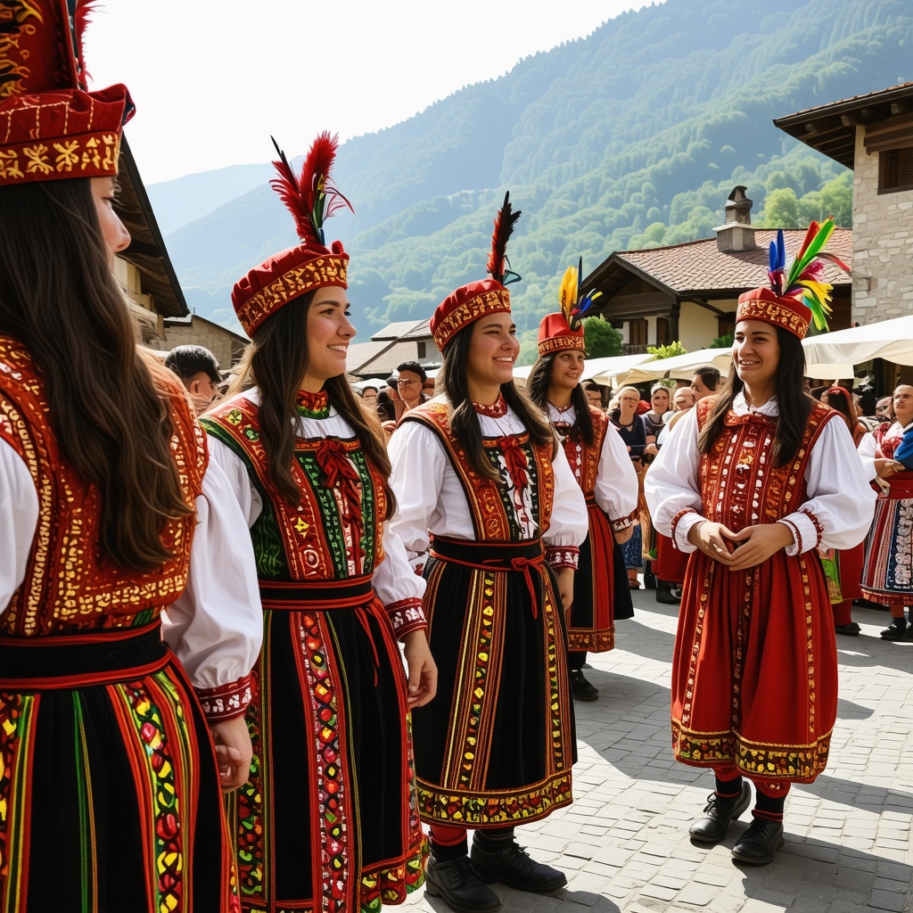 People in traditional ethnic costumes celebrating at a festival in Kruševo, surrounded by mountain scenery