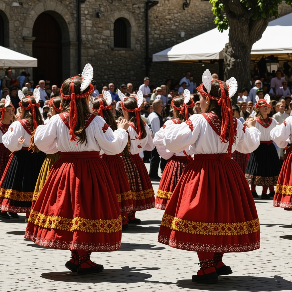 Colorful folk dancers in traditional costumes at Kičevo festival