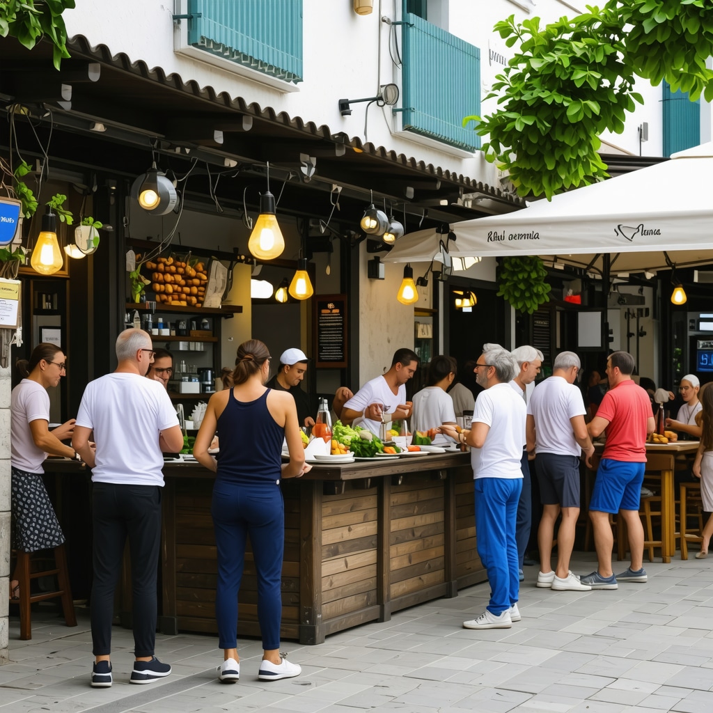 Street scene in Volos with traditional tavernas and tourists using digital information kiosks