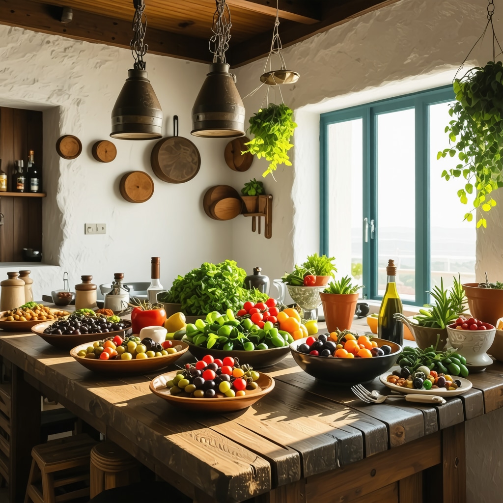 Rustic Greek tavern kitchen scene with fresh vegetables, olives, and traditional dishes in Halkidiki