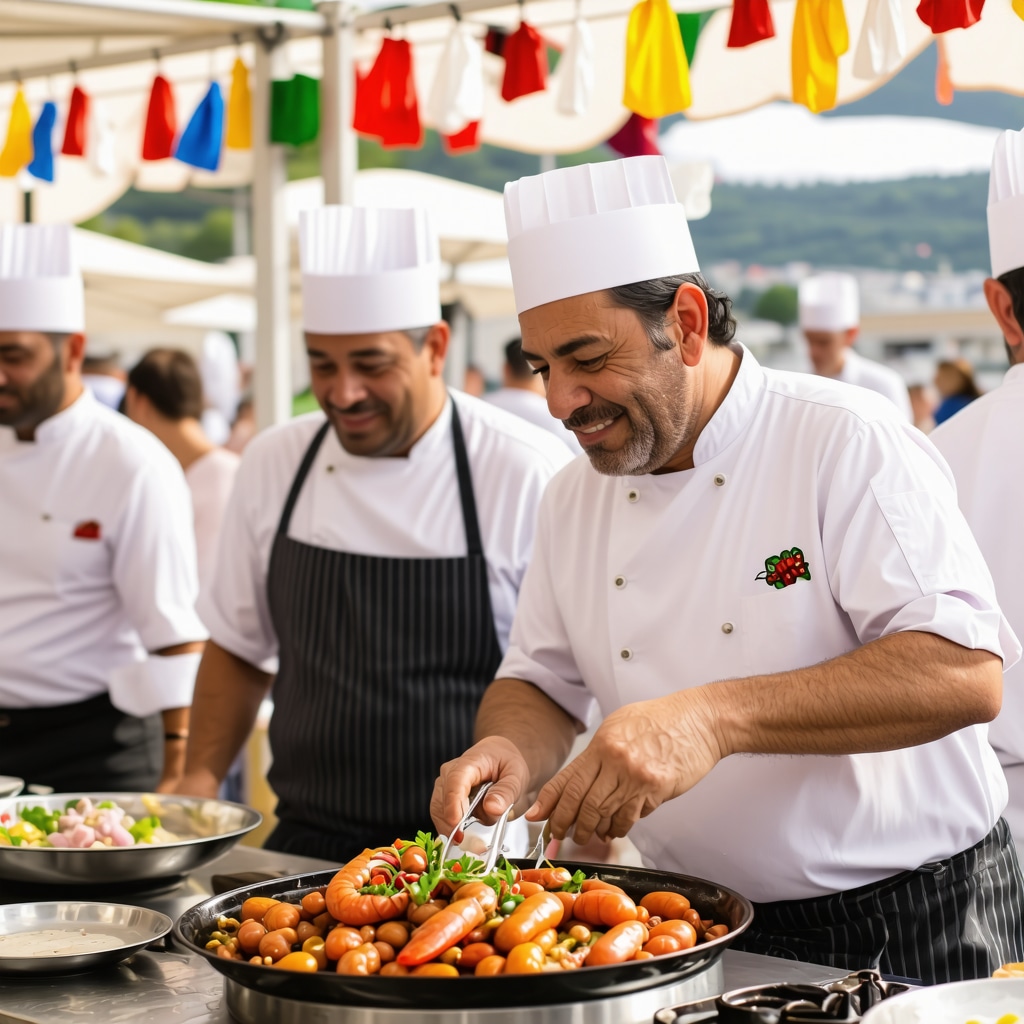 Local chefs preparing seafood dishes at a vibrant food festival in Bar, Montenegro