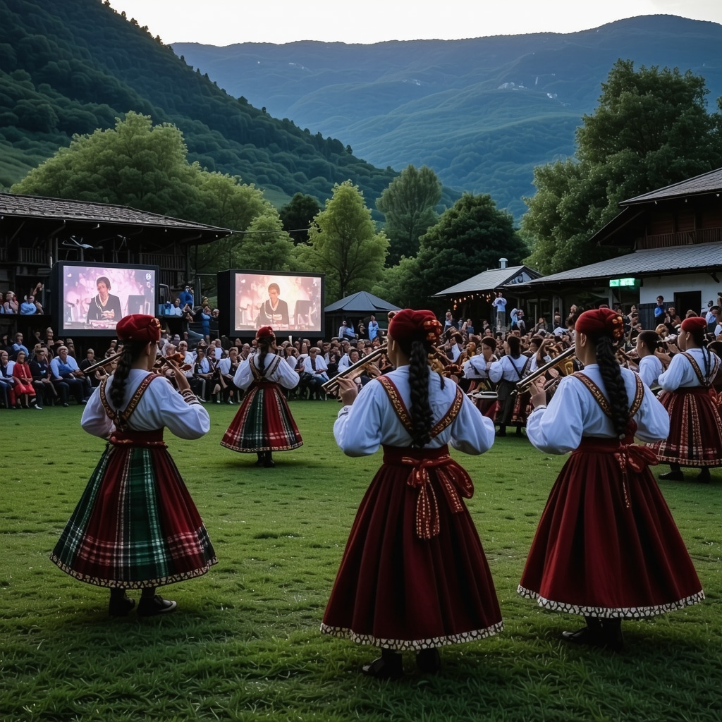 Musicians and dancers performing traditional Balkan music and dance with digital workshops displayed on screens during a festival in a mountainous village