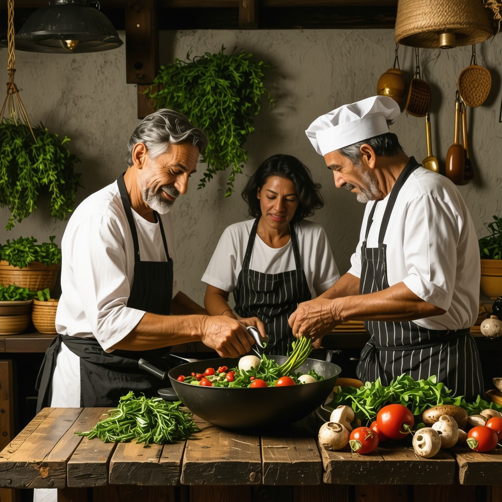 Chefs preparing traditional Sokobanja dishes with wild herbs and seasonal vegetables in a rustic kitchen