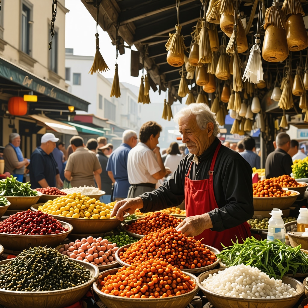 Colorful traditional Macedonian dishes and spices at a vibrant Tetovo food market with locals and tourists