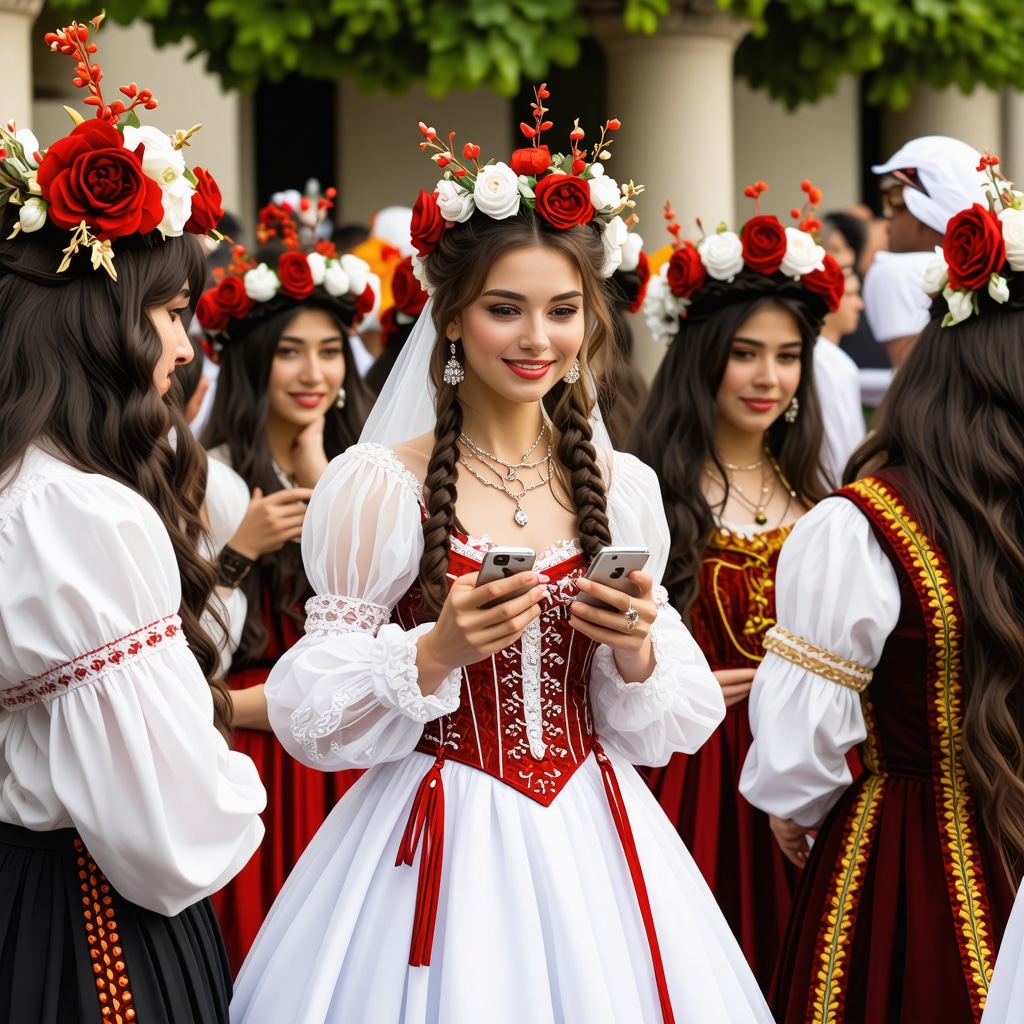 Traditional Balkan wedding attire combined with modern technology like drones and smartphones in Novi Pazar
