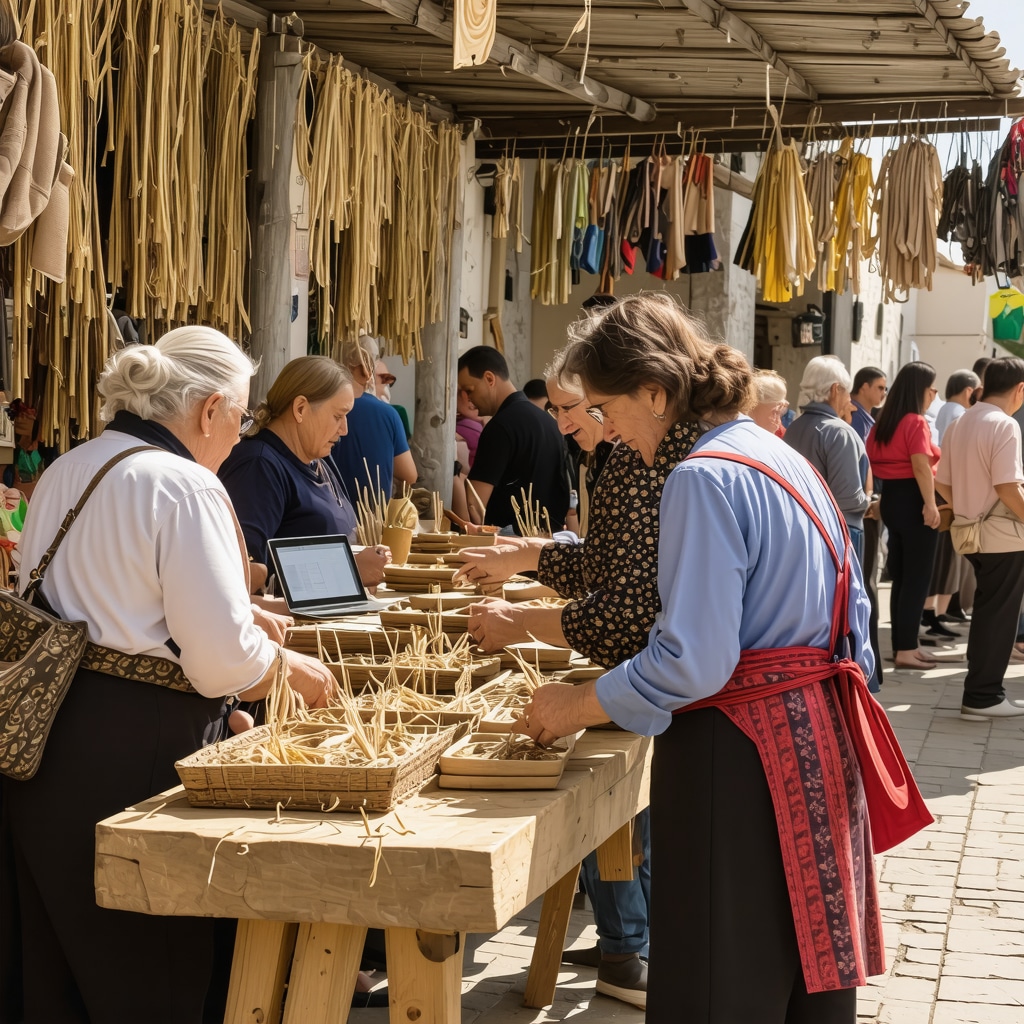 Artisans demonstrating traditional crafts with digital heritage exhibits at Gjakova market