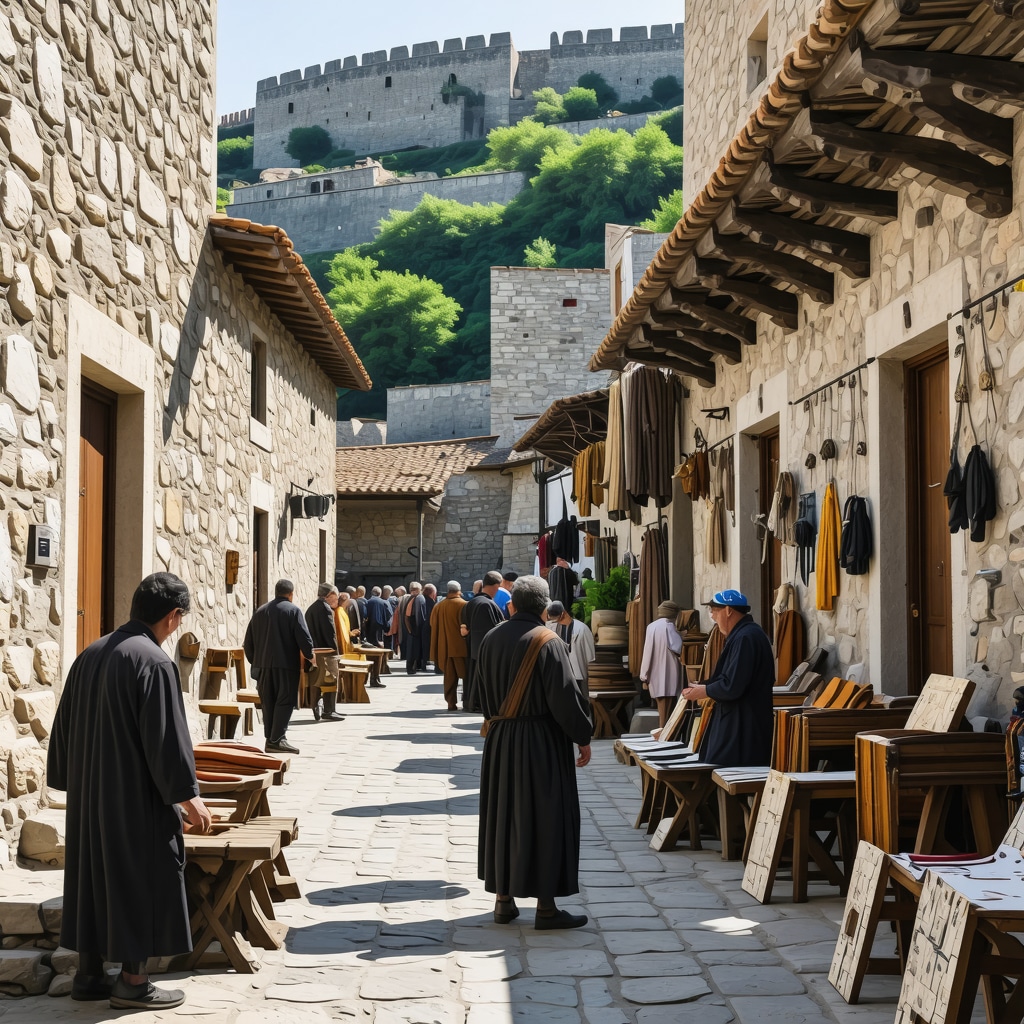 Local artisans crafting traditional leather and textile goods in front of the historic Gjirokastër fortress