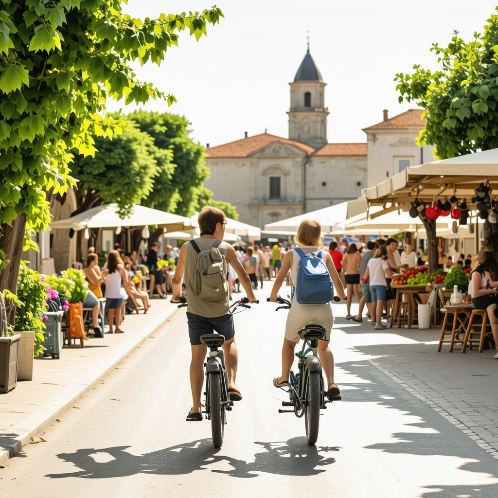 Družina na električnih kolesih v zgodovinskem Trogirju ob lokalni tržnici s svežim sadjem in zelenjavo