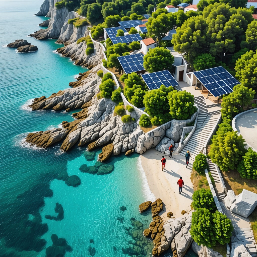 Aerial view of Himara coastline with eco-tourism features and hikers on trails in 2024
