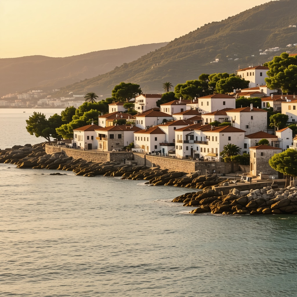 Panoramic view of Ulcinj old town with Adriatic sea coastline at sunset