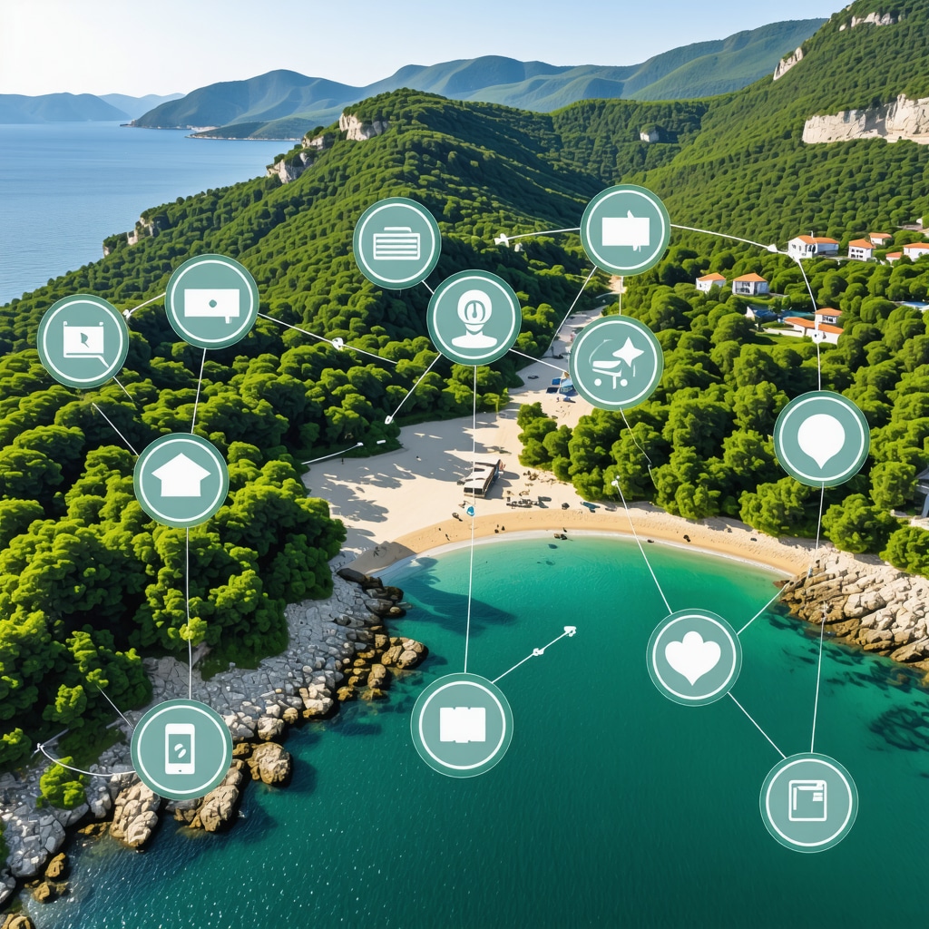 Aerial view of Ulcinj natural reserves with digital technology icons representing sustainable tourism