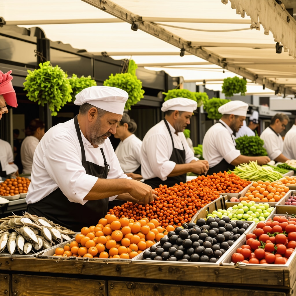 Colorful Varna market displaying fresh seafood, vegetables, and chefs engaging with local producers
