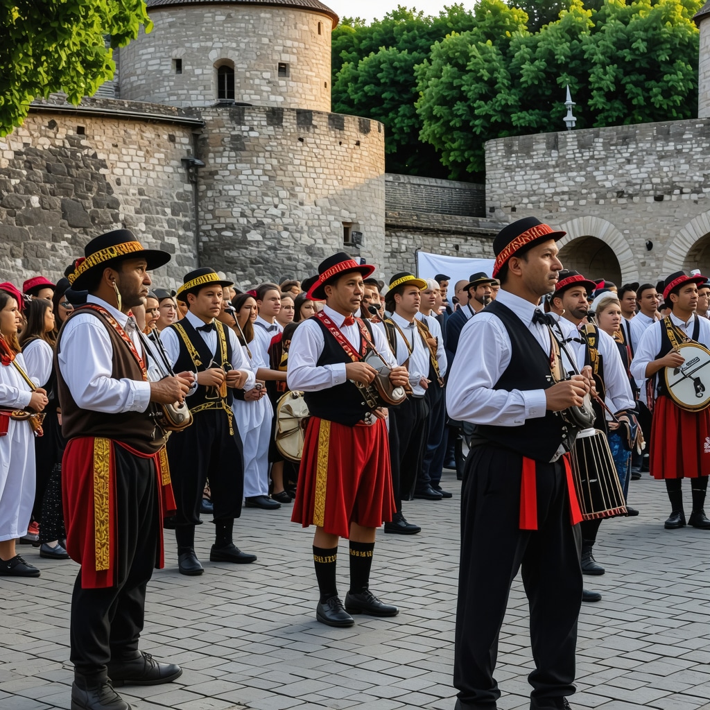 Traditional Balkan musicians performing with digital interactive elements and historic fortress background at Veliko Tarnovo festival