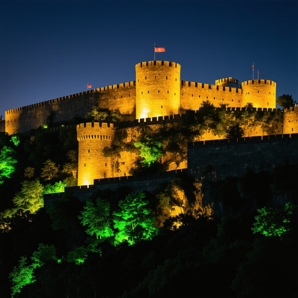 Illuminated Tsarevets fortress in Veliko Tarnovo during the Sound and Light Show at night