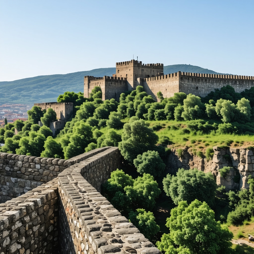 Panoramic image of Veliko Tarnovo medieval fortress with digital overlays showing 3D models and VR elements