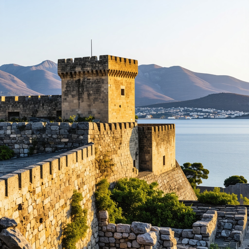View of Venetian fortress Palamidi with sunset over Nafplio harbor
