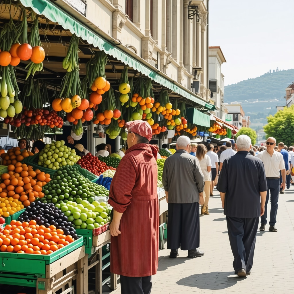 Tirana market with colorful fresh produce and traditional food stalls, vibrant local atmosphere