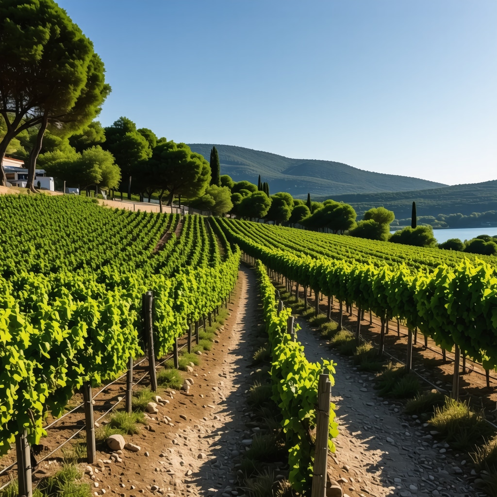 Panoramic view of vineyards on Hvar with digital sensors and traditional stone terraces