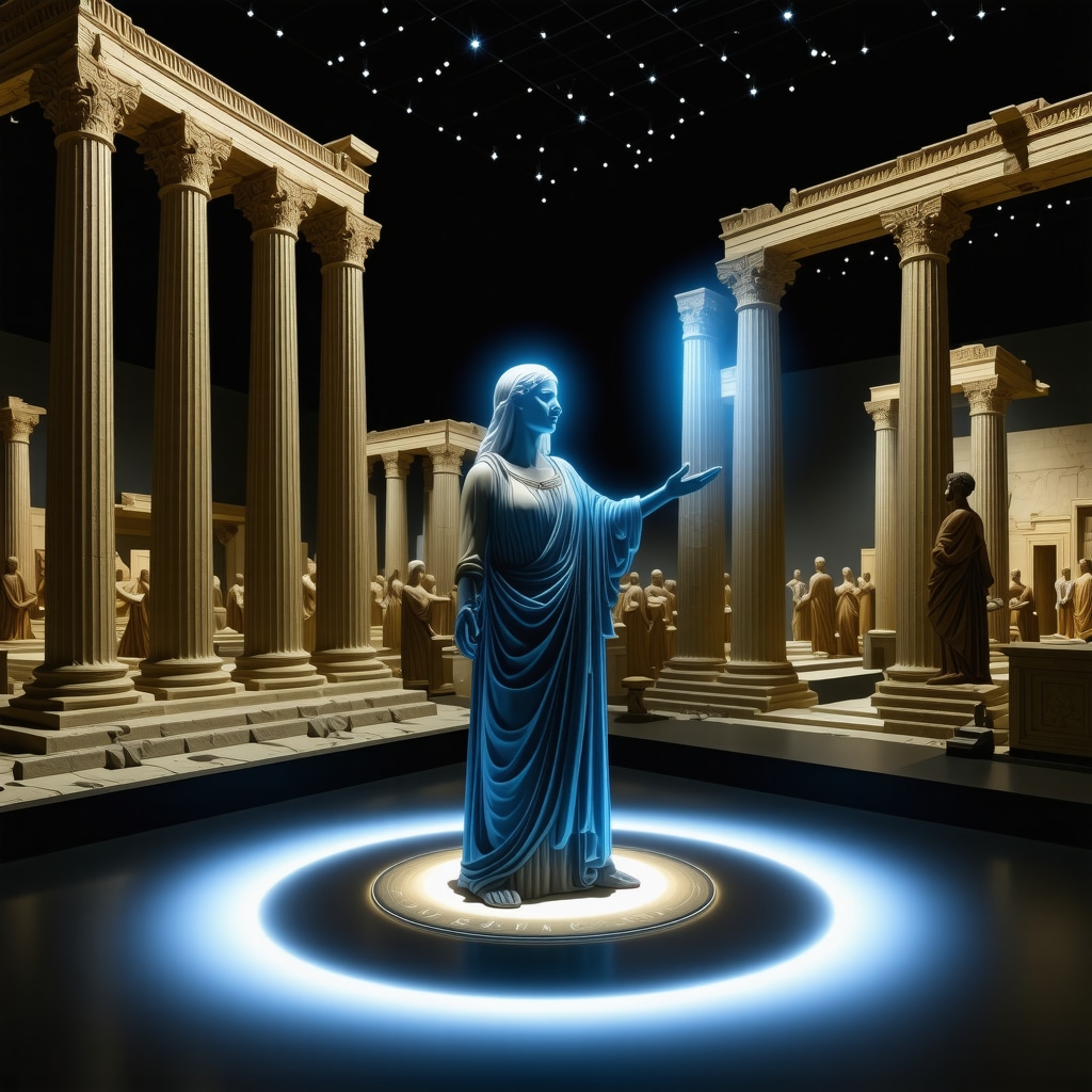 Virtual reality exhibit showing 3D models of ancient Greek temples and holographic Pythia at the Oracle of Delphi