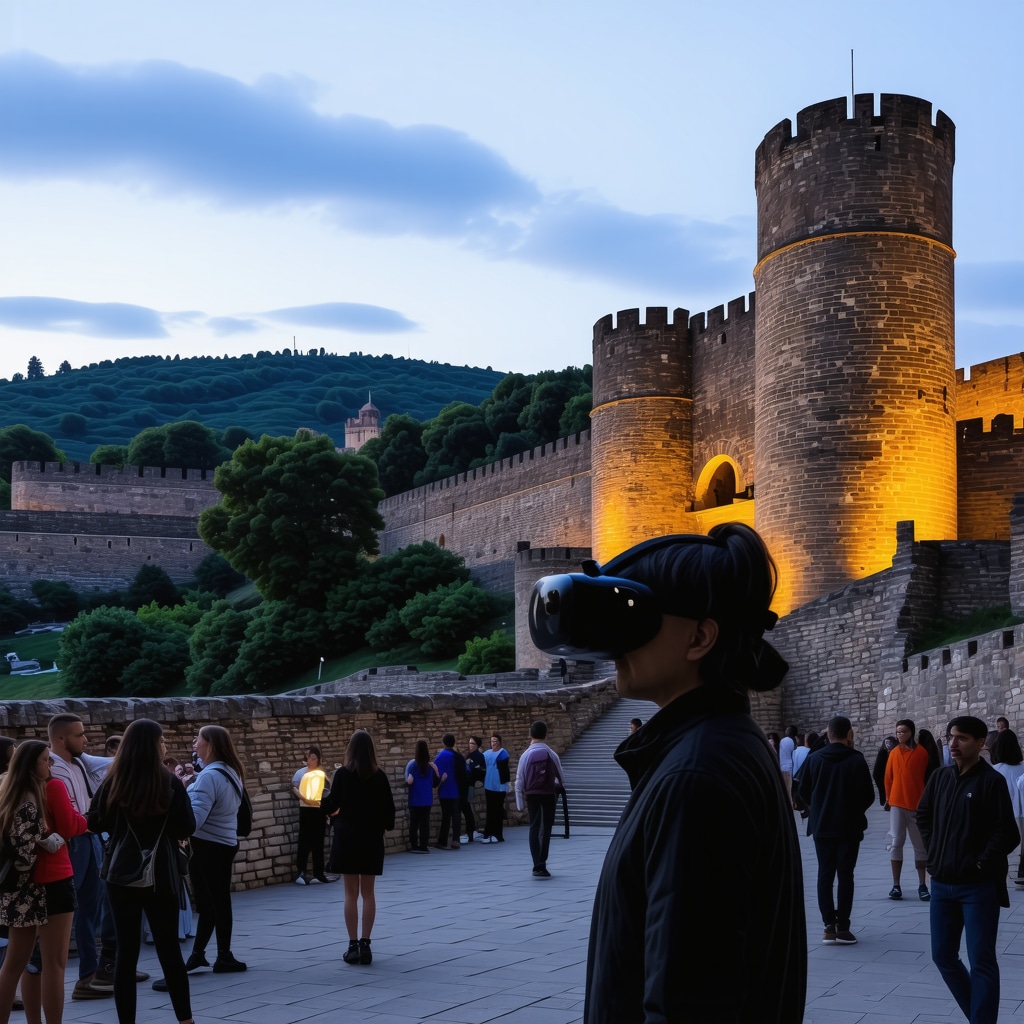 Visitors exploring Tsarevets Fortress through virtual reality technology with light projections