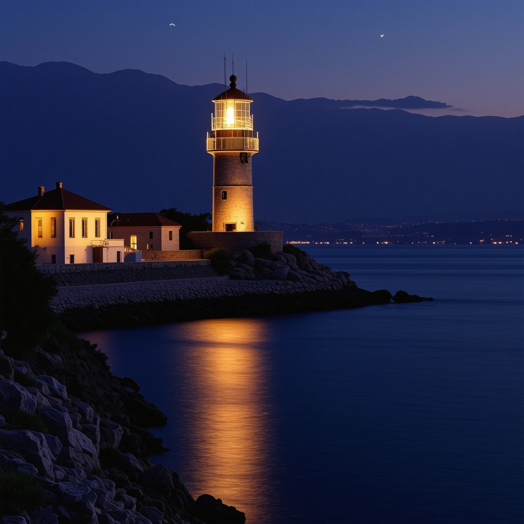 Night view of Vis lighthouse lit by modern LED lights with Adriatic Sea and starry sky background
