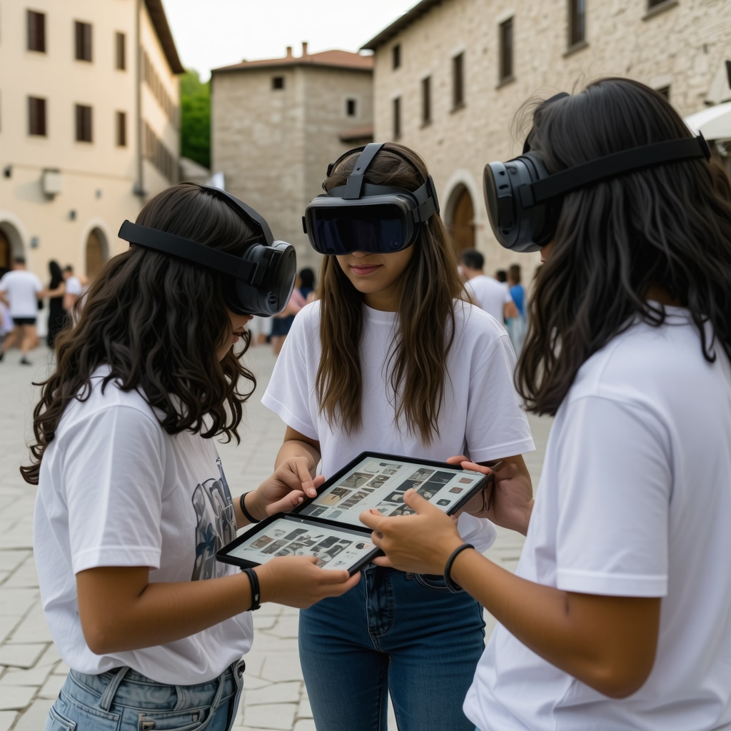 Youth using VR and tablets to explore Trebinje's cultural heritage in historic town square