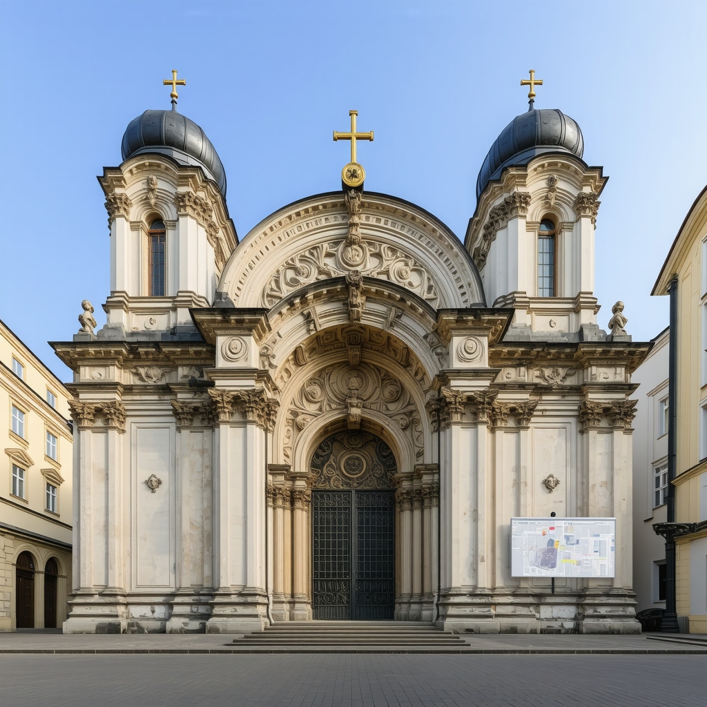 3D laser scanner capturing detailed facade of historic Slavic Orthodox church in Iași with data overlay