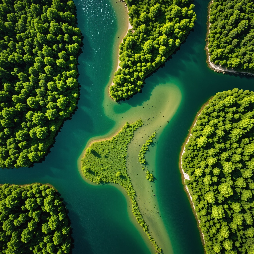 Aerial view of National Park Krka with visible ecological monitoring sensors and drones