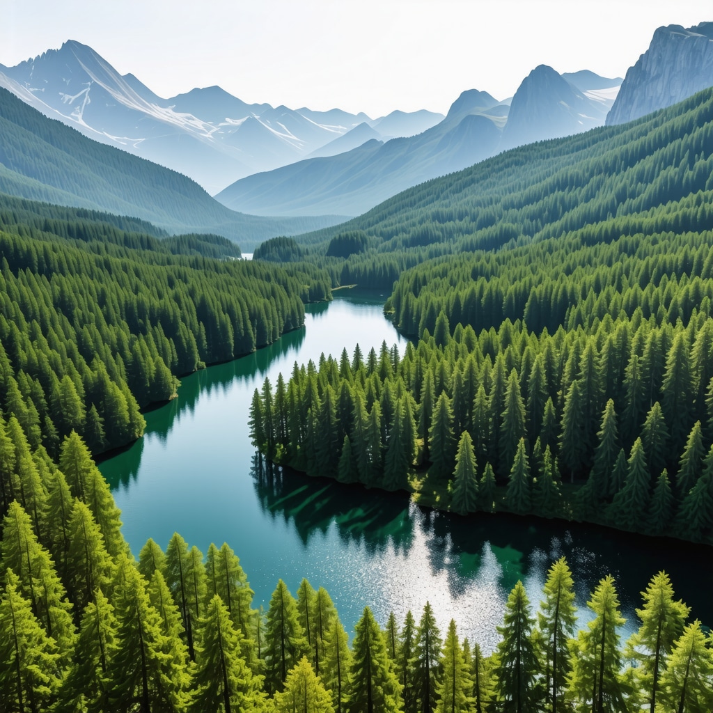 Drone aerial photograph capturing forests, mountain peaks, and clear lakes in Durmitor National Park under bright sunlight