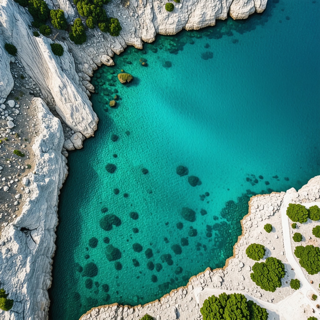Aerial view of a secluded Himara cove showing turquoise waters, limestone cliffs, and digital data visualizations for sustainable tourism