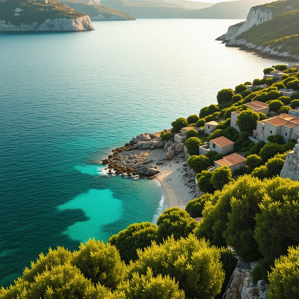 Aerial photograph showing Himara's hidden coves, turquoise sea, traditional stone houses, and lush greenery