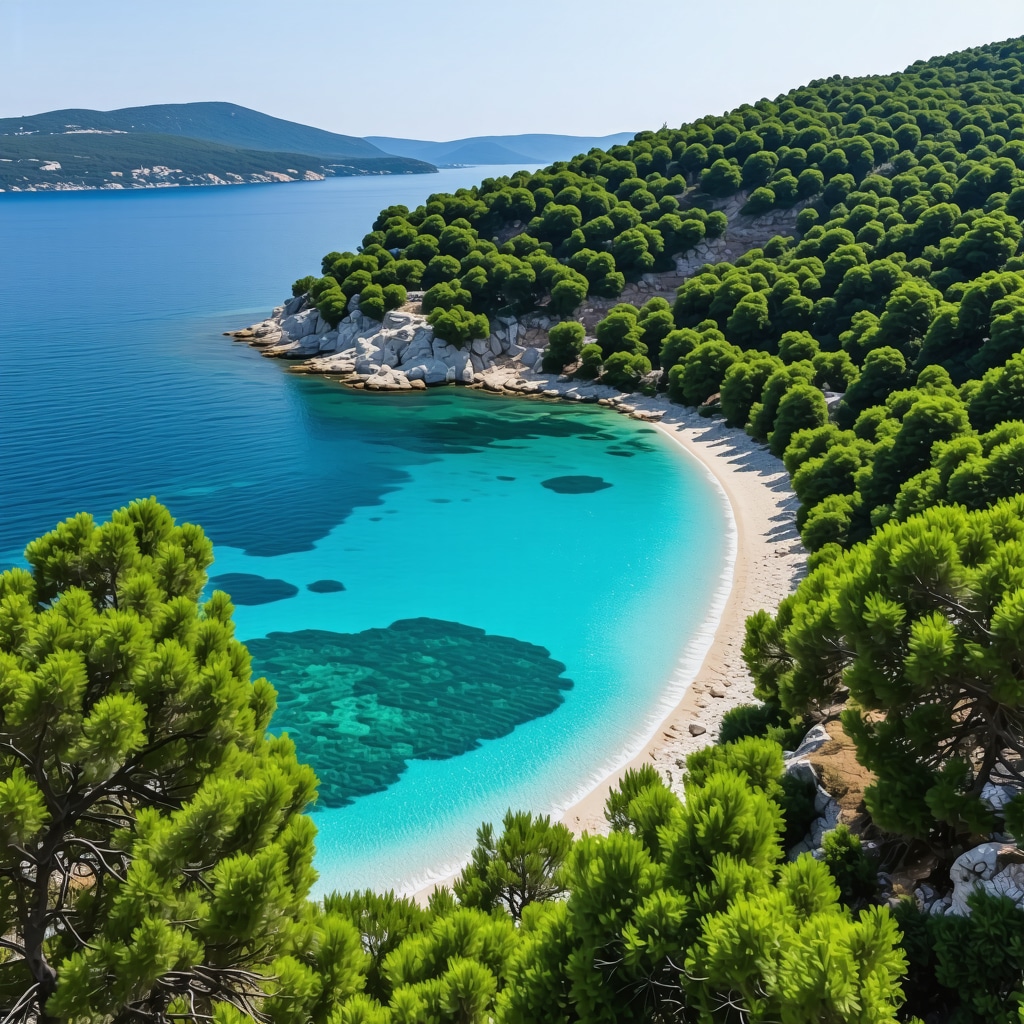 Aerial photograph showing Lastovo island's secluded beaches and green landscapes along the Adriatic Sea