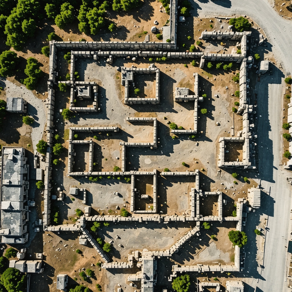 Drone aerial image showing Stolac archaeological site with LiDAR technology overlays revealing hidden structures