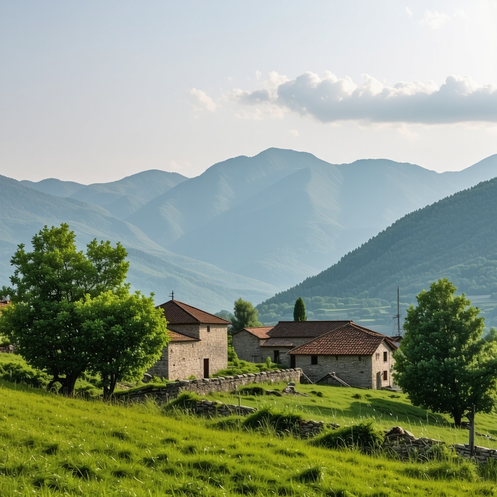 Albanska narava z gorami in tradicionalno vasico
