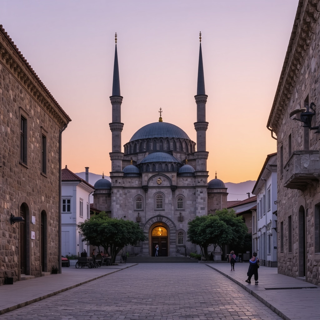 Altun-Alem Mosque surrounded by traditional buildings and lively streets in Novi Pazar at sunset