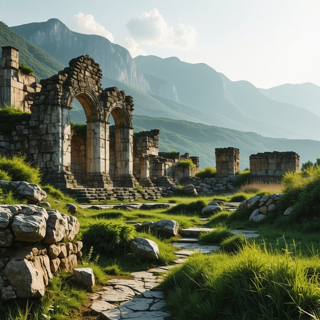 Archaeological site with ruins and lush landscape at sunset