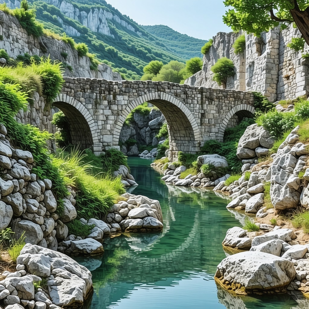 Detažirana fotografija antičnih ruševin in srednjeveškega mosta v Hercegovini, prikazuje zgodovinsko krajino