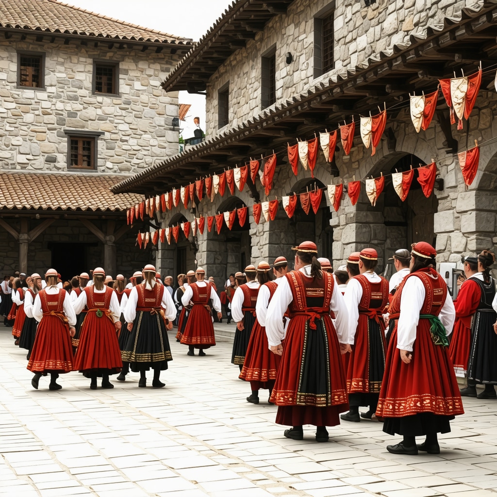Traditional Balkan village with historic buildings and lively festival