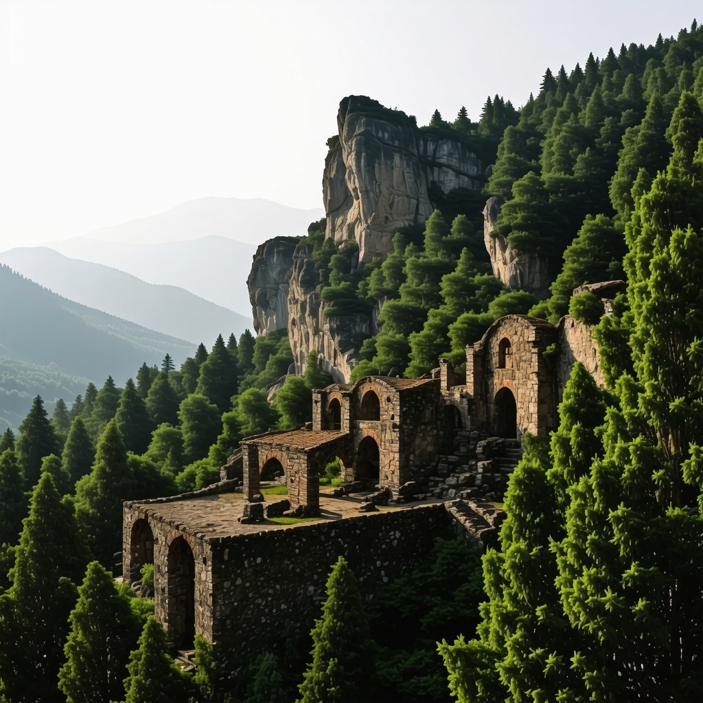 Scenic view of Balkan mountains with ruins and forests