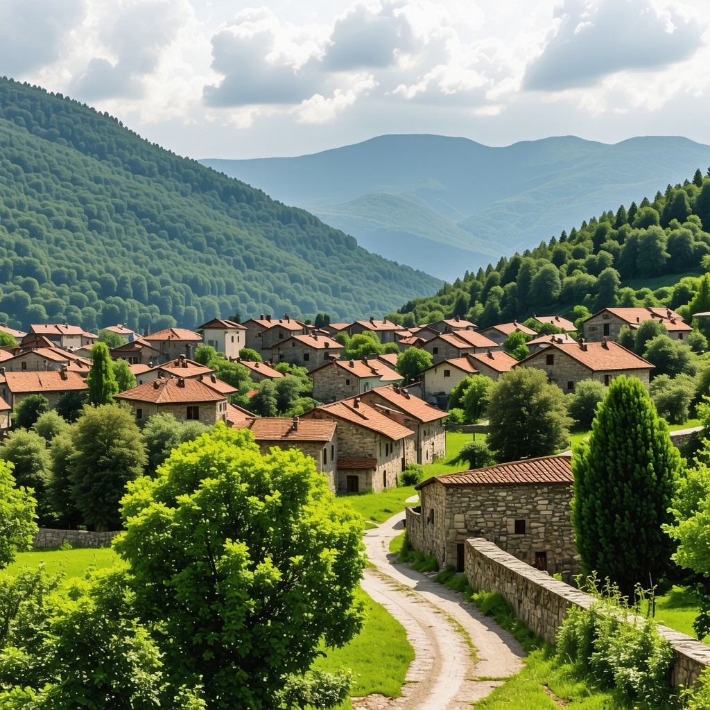 A panoramic view of Balkan mountains with traditional villages
