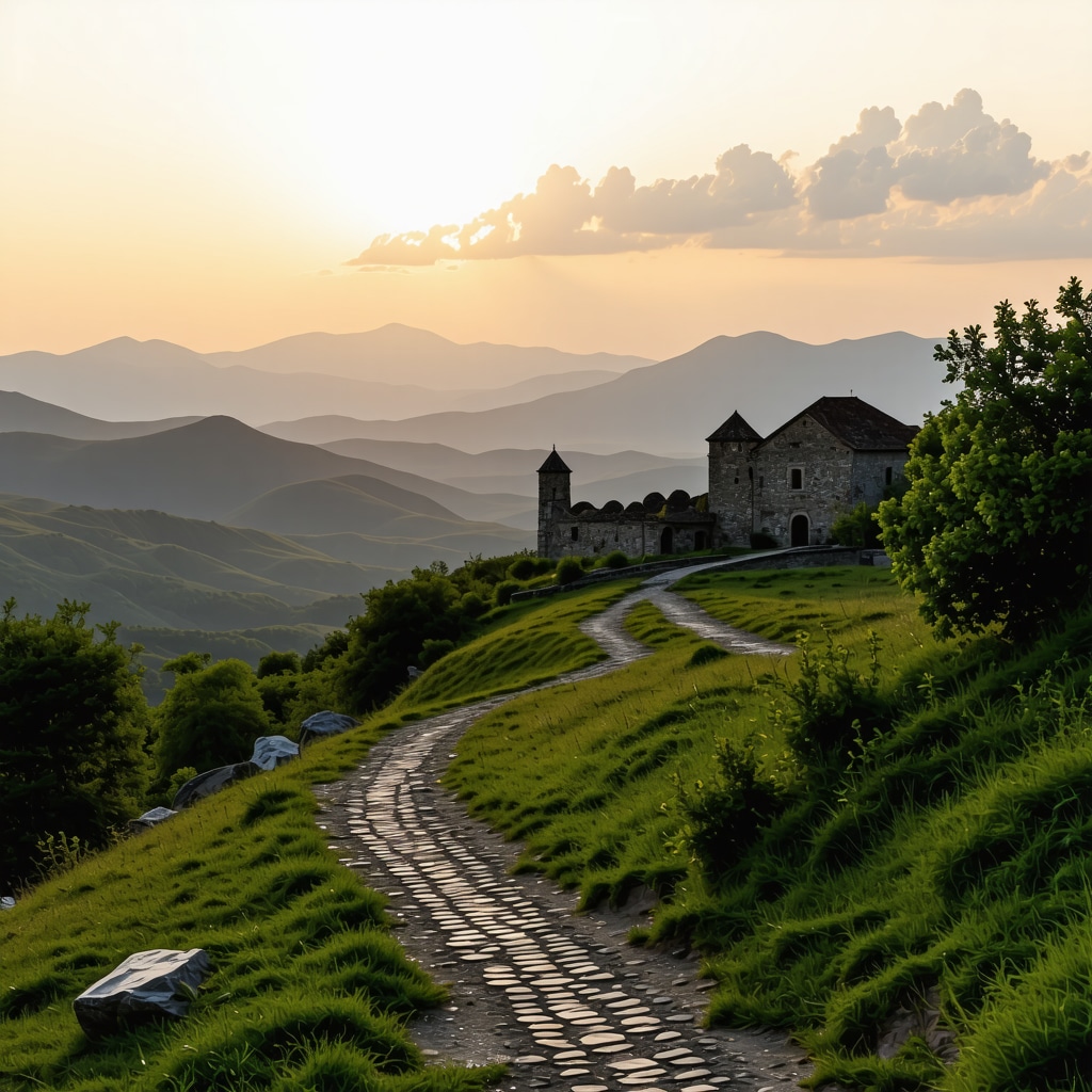 Panoramic view of Balkan mountains with historical sites at sunset