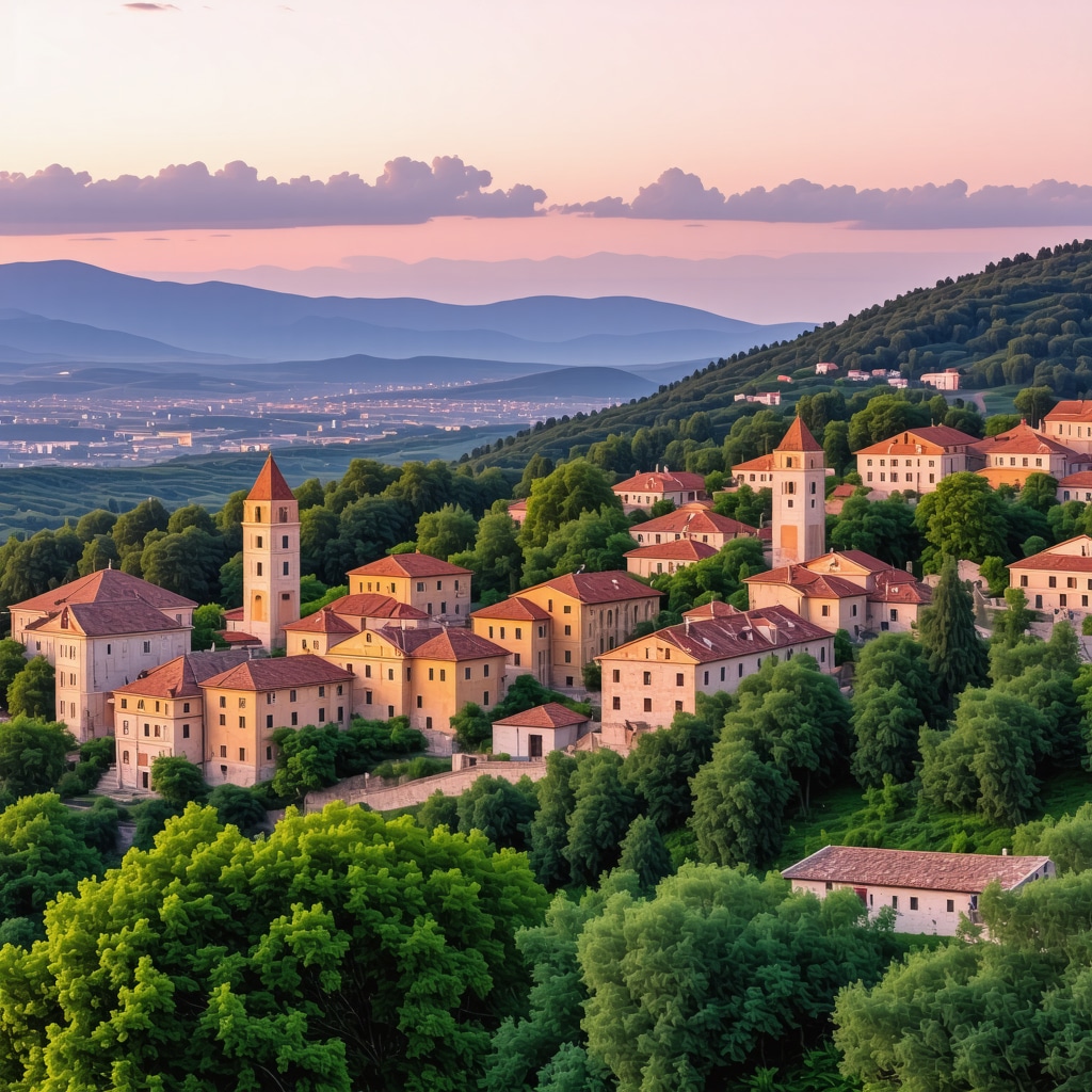 Scenic Balkan landscape with historical sites at sunset
