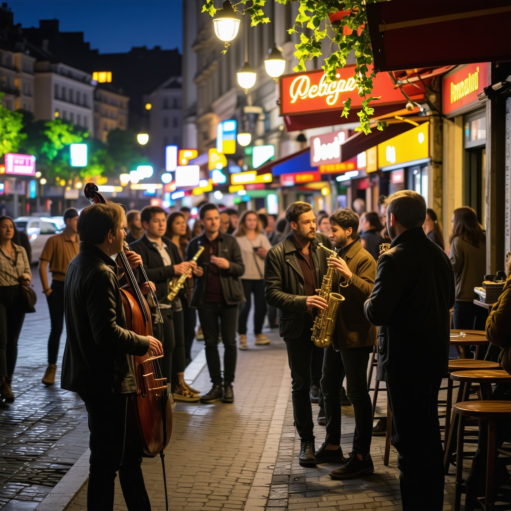 Crowded lively nighttime street in Belgrade with live jazz musicians and neon lights
