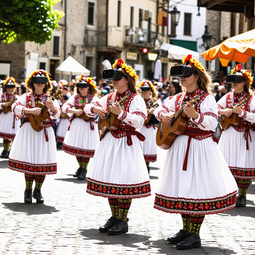 Traditional musicians and dancers in Berane festival with some participants using VR technology