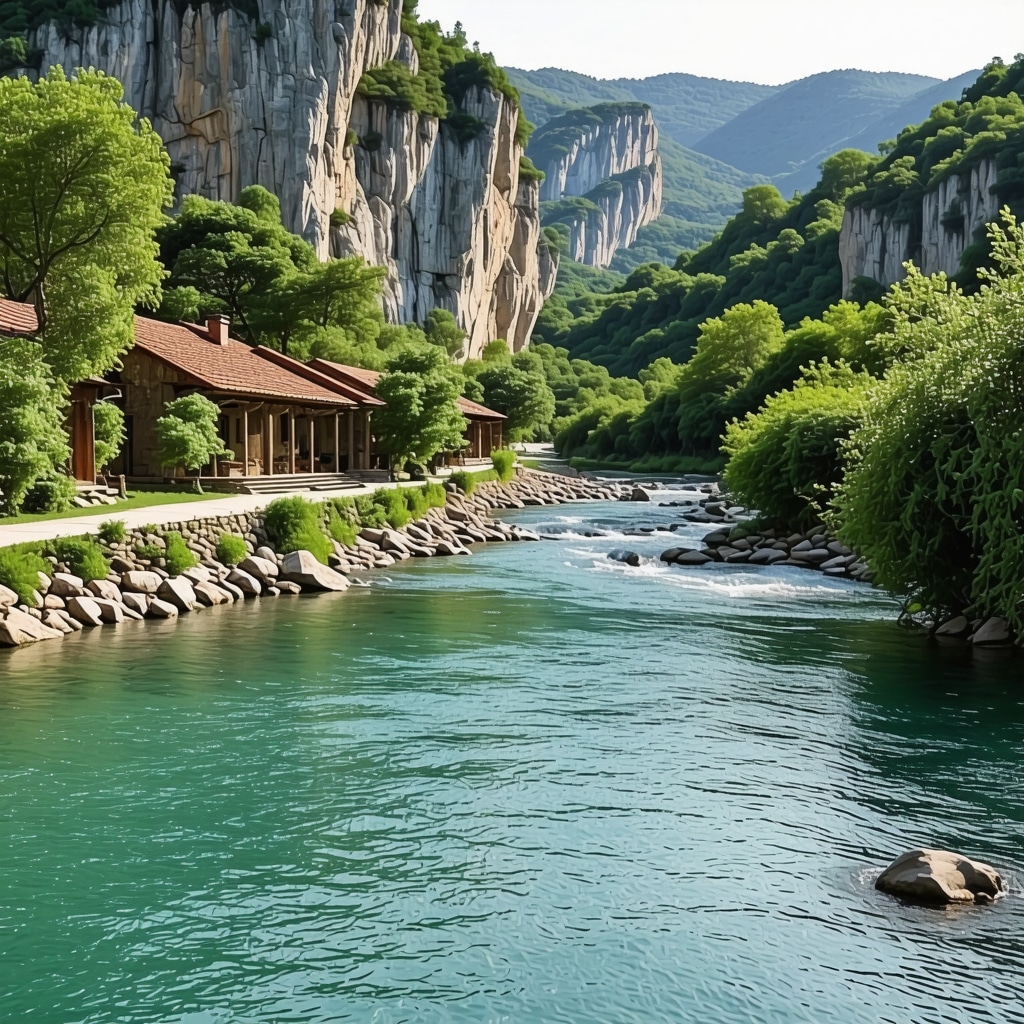 The Buna river source with the dervish tekija nestled against karst cliffs and vibrant greenery in Blagaj.