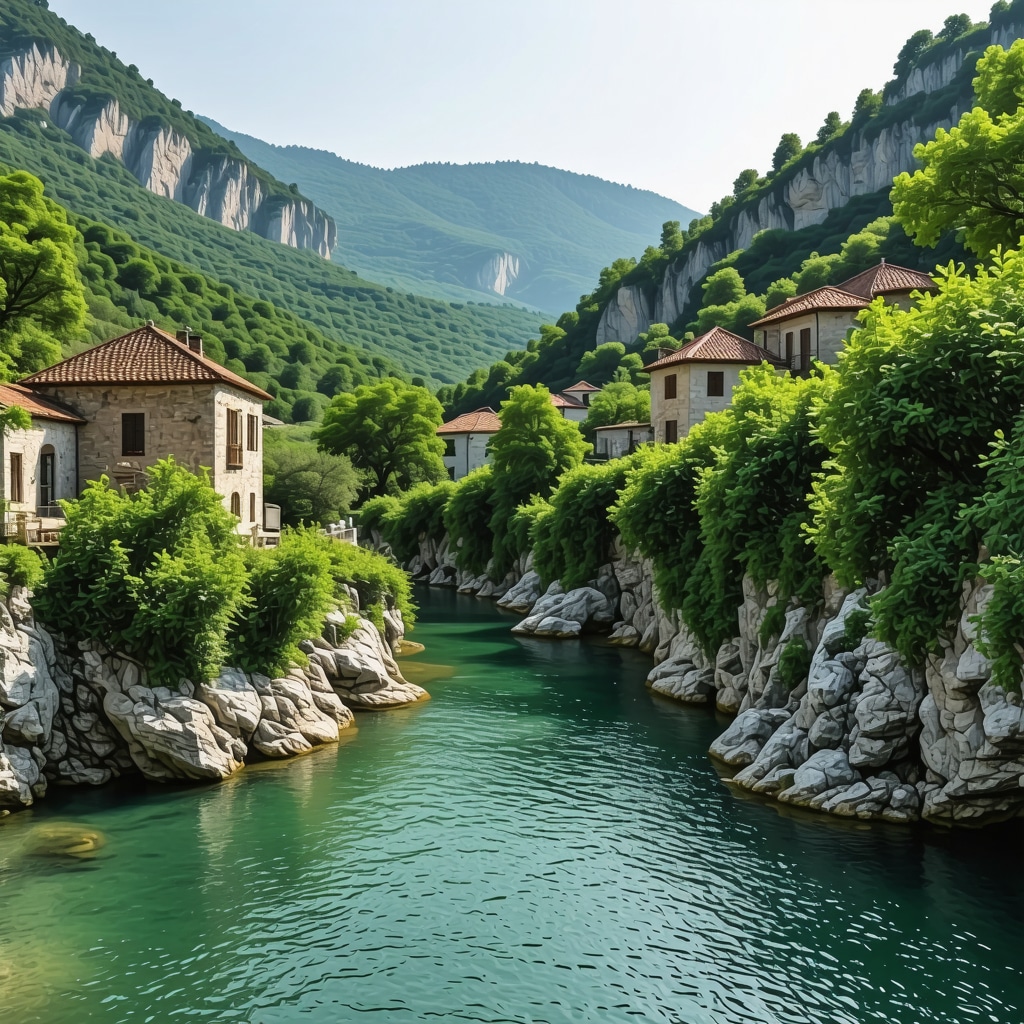The Buna River spring with surrounding greenery and the Blagaj Tekija monastery in Herzegovina