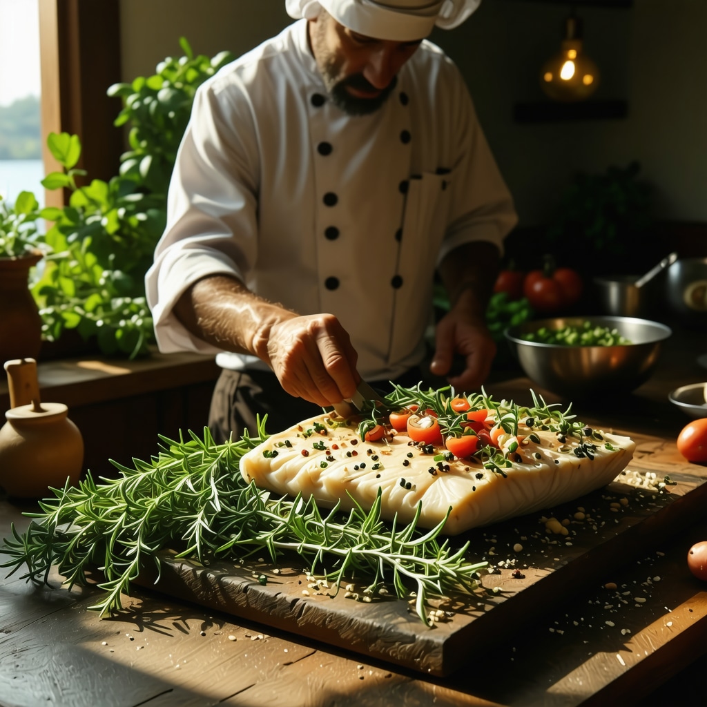 Chef cooking fresh Adriatic fish sous-vide with local herbs in rustic kitchen