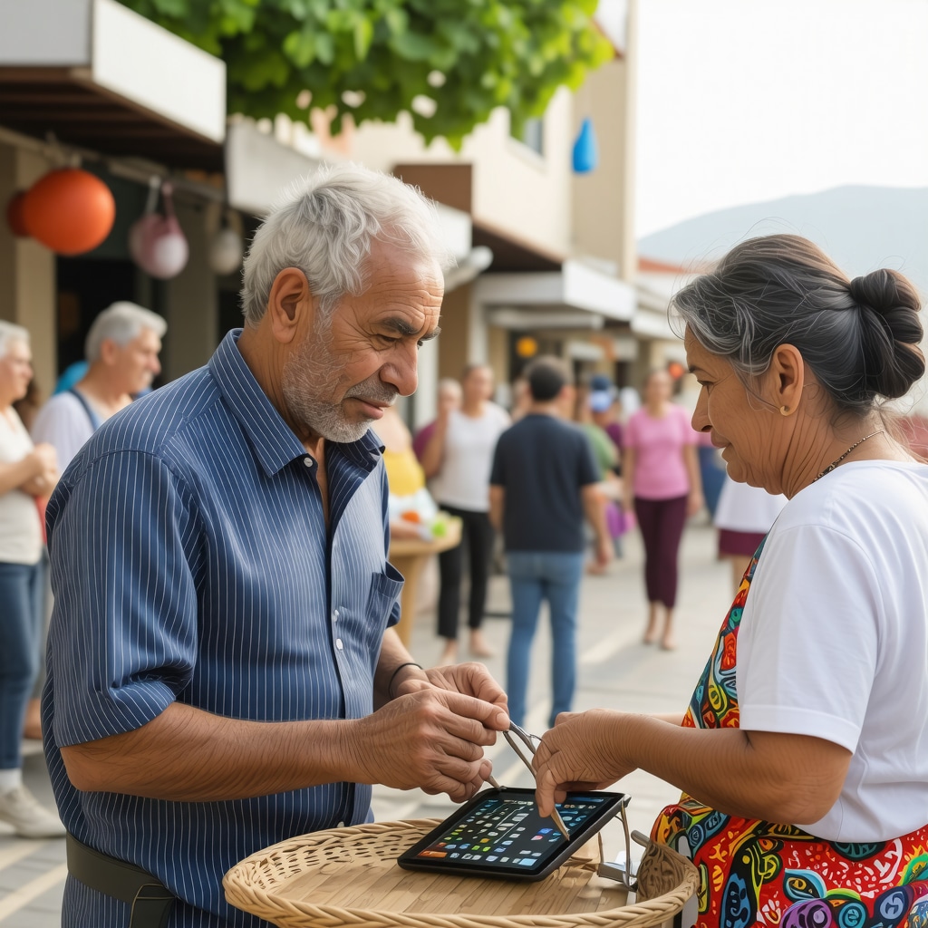 Artisans and tourists interacting with digital guides in Tekirdağ's historic streets
